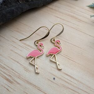 Gold And Pink Flamingo Drop Earrings / Beach Jewelry